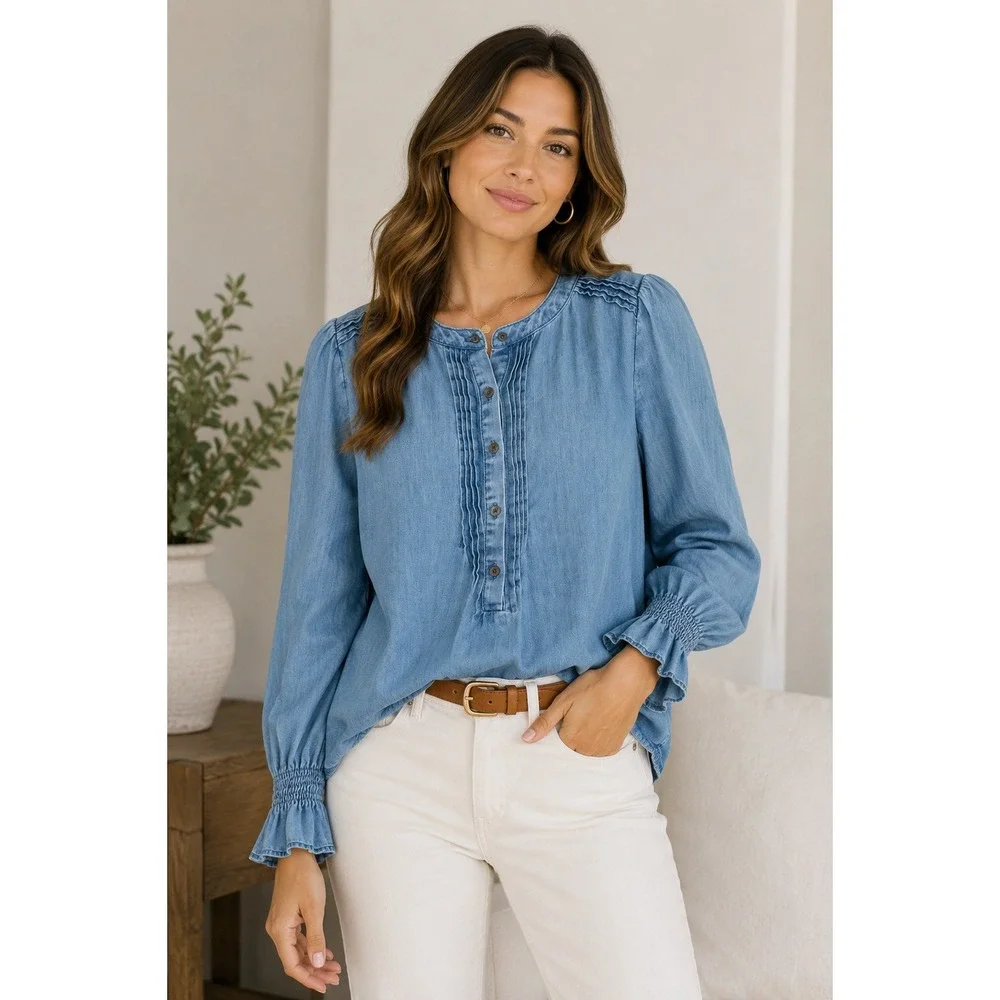 LOFT Womens Blue Chambray Denim Pintuck Blouse Smocked Peasant Boho Top Large
